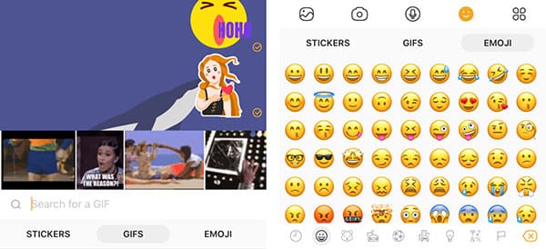 fun stickers on the left of the picture, and classic emoji on the right.