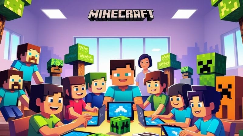 Gyerekek csoportja, akik tableteken játszanak Minecraftot egy színes, Minecraft témájú dekorációval és karakterekkel díszített tanteremben, a gyerekek számára biztonságos játékra helyezve a hangsúlyt.