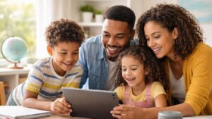 Family enjoying educational content on a tablet, emphasizing safe internet use and digital safety for children.